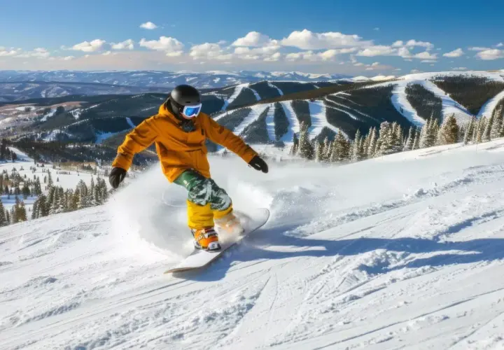 Snowboardzista w żółtej kurtce i zielonych spodniach jeździ po ośnieżonym stoku.