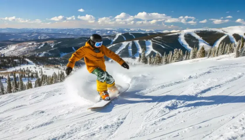 Snowboardzista w żółtej kurtce i zielonych spodniach jeździ po ośnieżonym stoku.