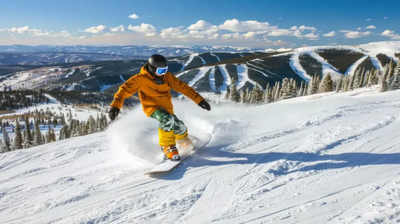 Snowboardzista w żółtej kurtce i zielonych spodniach jeździ po ośnieżonym stoku.